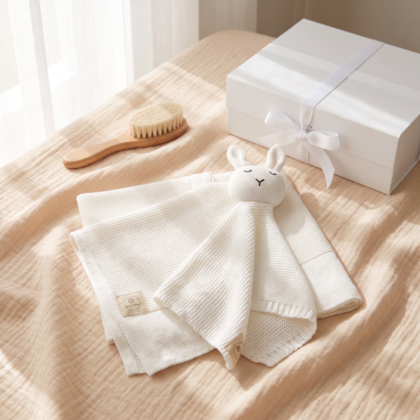 Arely - Personalised Organic Cotton Knitted Bunny Snuggler - Soft Cloud White
