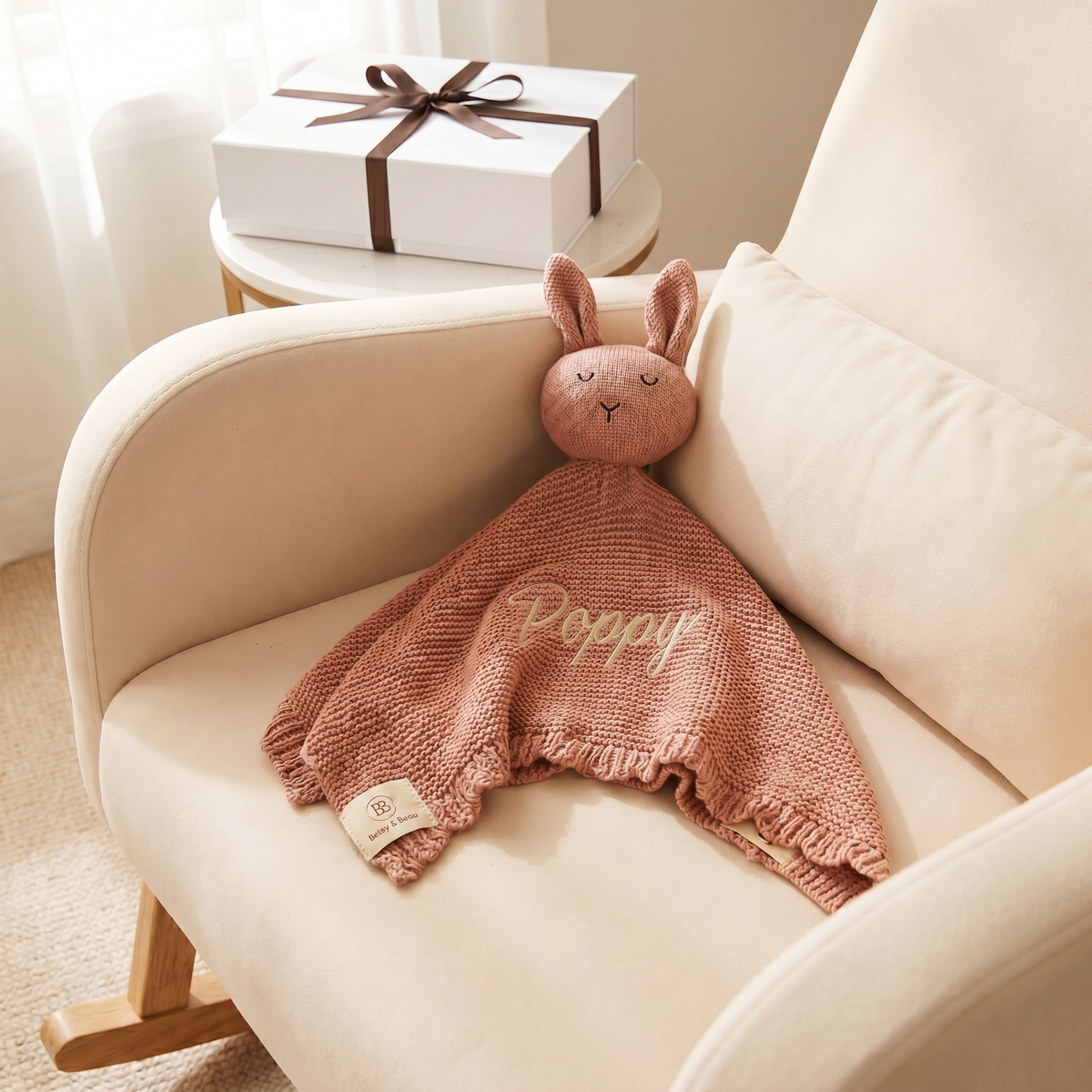 Arely - Personalised Organic Cotton Knitted Bunny Snuggler - Rose