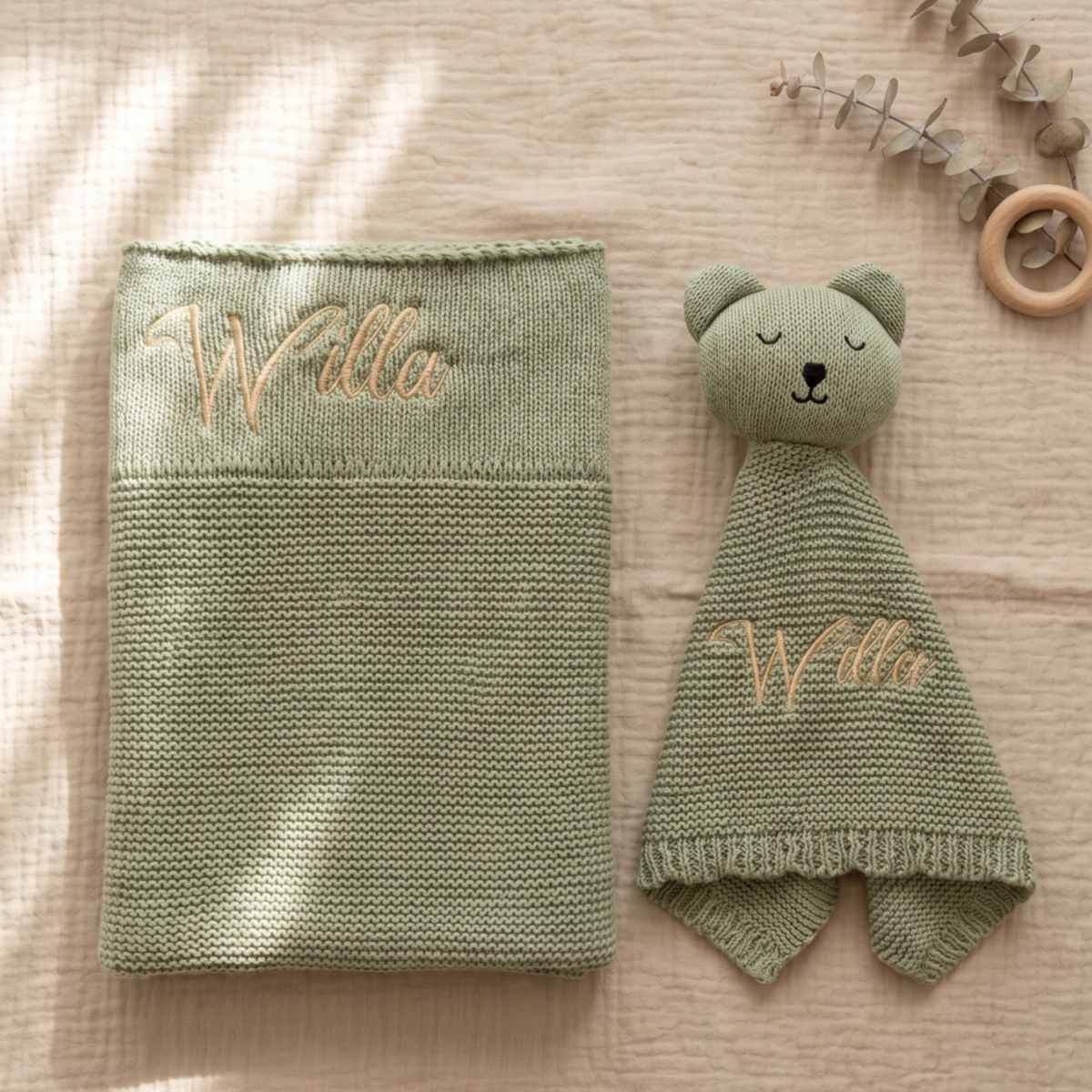 Arely - Personalised Organic Cotton Knitted Bear Snuggler - Sage