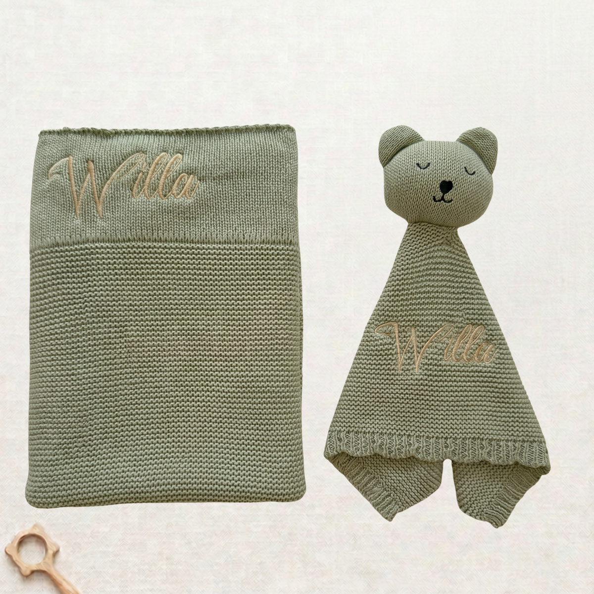Arely - Personalised Organic Cotton Knitted Bear Snuggler - Sage