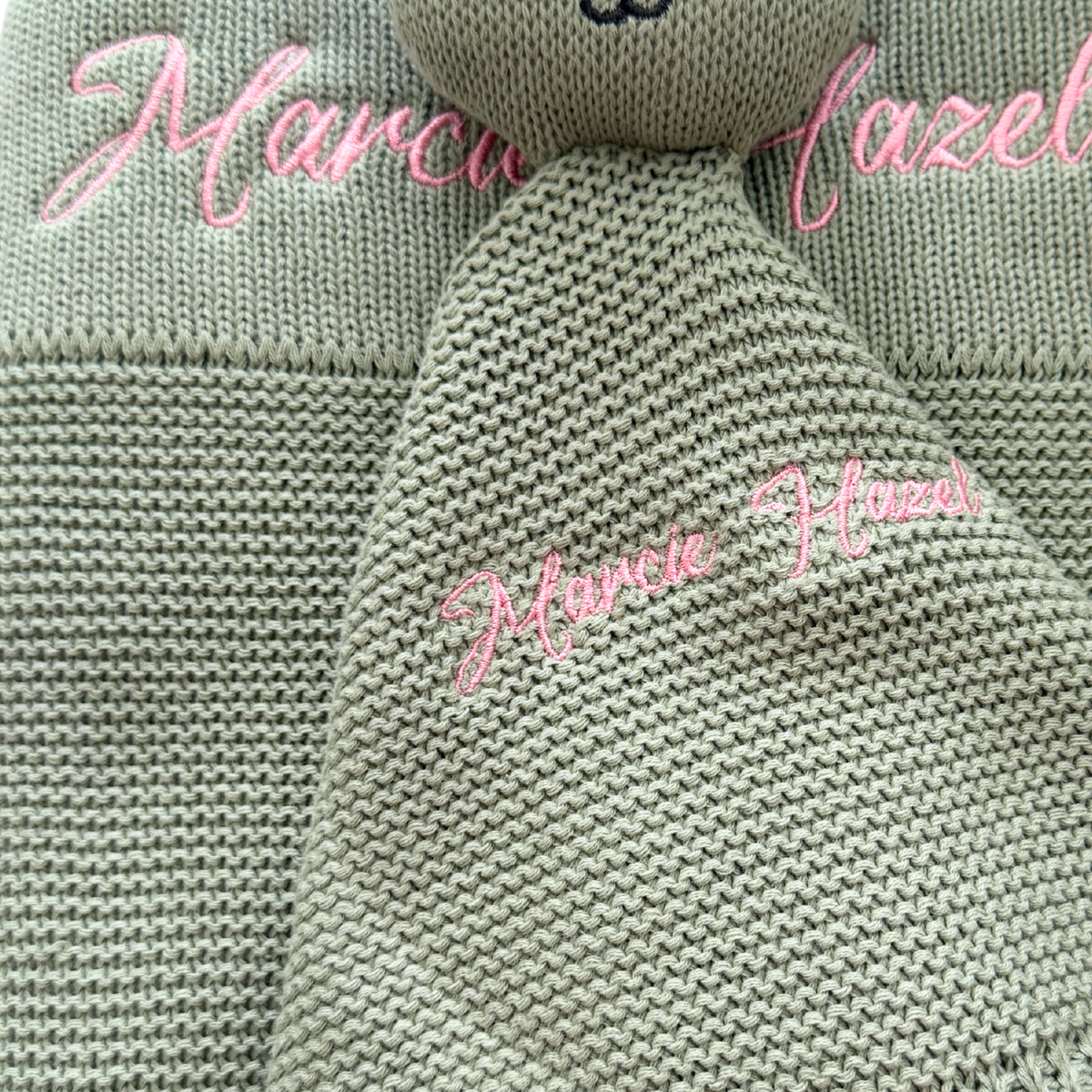 Arely - Personalised Organic Cotton Knitted Bear Snuggler - Sage