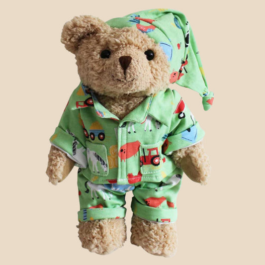 Teddy Bear Wearing Farmyard Pyjamas And Nightcap
