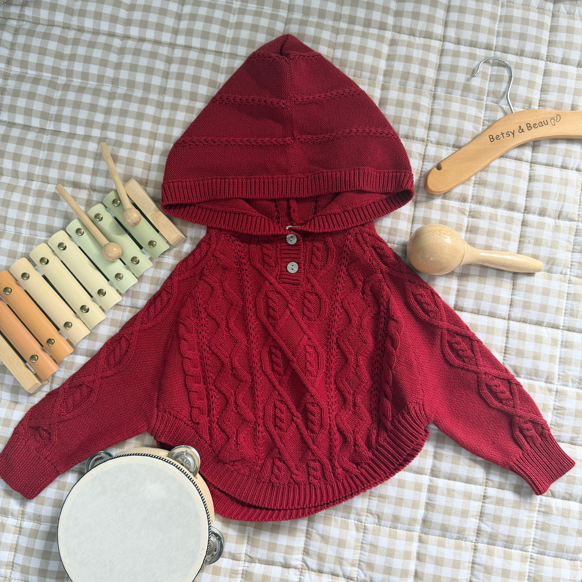 Personalised Cable Knit Hoodie - 100% Cotton - Vintage Ruby