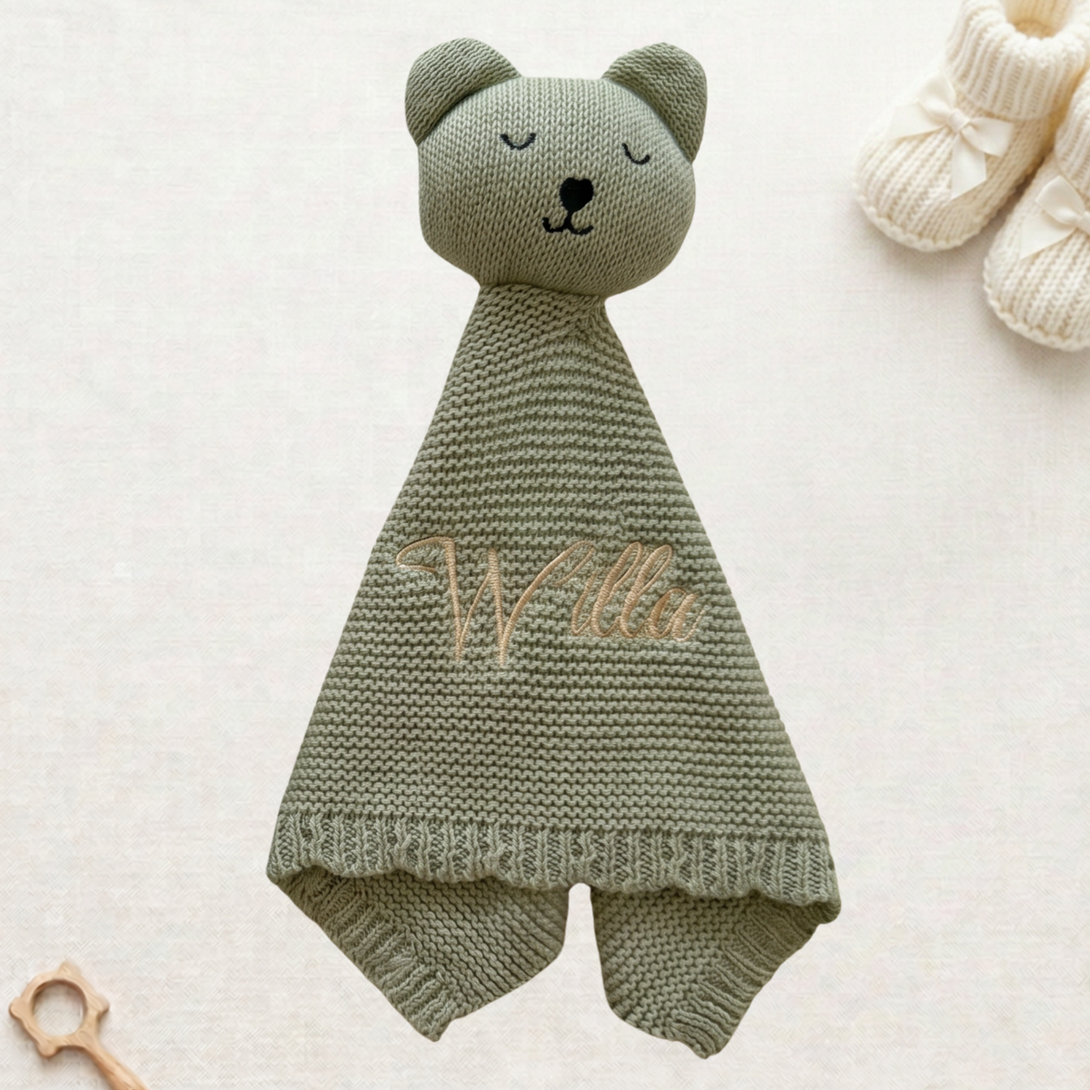 Arely - Personalised Organic Cotton Knitted Bear Snuggler - Sage