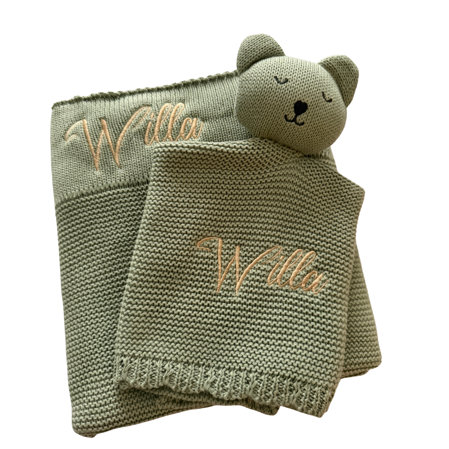 Arely - Personalised Organic Cotton Knitted Bear Snuggler - Sage