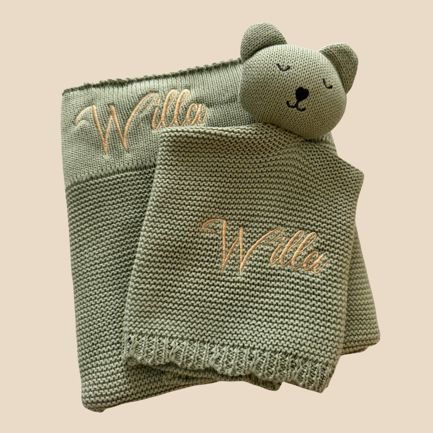 Arely - Personalised Organic Cotton Knitted Bear Snuggler - Sage